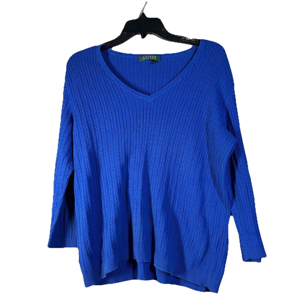 Lauren  Ralph Lauren Sweater Womens Medium Blue V-Neck 3/4 Sleeve